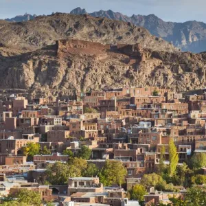 Iran, Central Iran, Abyaneh, elevated village view, dawn