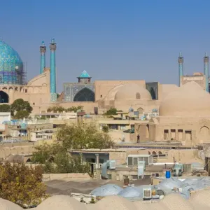 Iran, Central Iran, Esfahan, elevated view of central city towards Royal Mosque