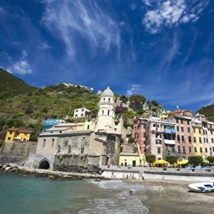 Italy, Cinque Terre, Vernazza, Harbor and Church of Vernazza