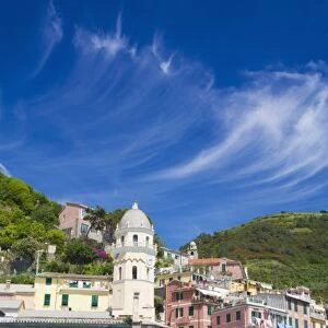 Italy, Cinque Terre, Vernazza, Harbor and Church of Vernazza