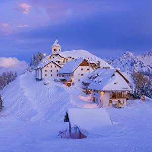 Italy, Monte Lussari. Winter night at ski resort