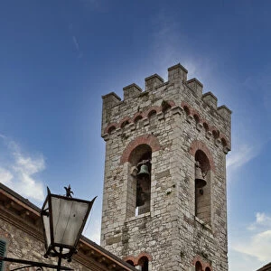 Italy, Radda in Chianti. Bell tower of Saint Niccolo church in Radda in Chianti