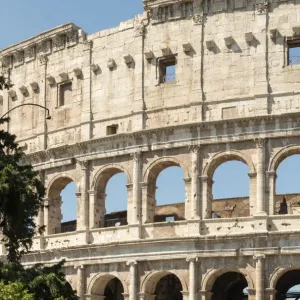 Italy, Rome. The Colosseum or Coliseum, exterior of travertine, tuff