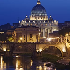 Italy, Rome, St. Peters Basilica, Tiber River night scene
