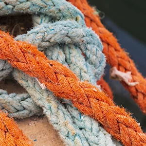 Italy, Sicily, Agrigento Province, Sciacca. Ropes on a fishing boat in the harbor of