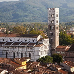 Italy, Tuscany, Lucca. The rooftops of the historic center of Lucca and the medieval bell tower of St. Martin Cathedral
