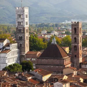 Italy, Tuscany, Lucca. The rooftops of the historic center of Lucca and the medieval bell tower of St. Martin Cathedral Italy, Tuscany, Lucca. The rooftops of the historic center of Lucca and the medieval bell tower of St. Martin Cathedral