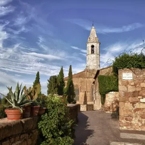 Italy, Tuscany, Pienza. The bell tower of the Duomo Santa Maria Assunta Cathedral Italy, Tuscany, Pienza. The bell tower of the Duomo Santa Maria Assunta Cathedral