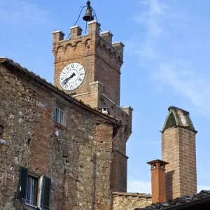 Italy, Tuscany, Pienza. The town hall clock tower in the town of Pienza Italy, Tuscany, Pienza. The town hall clock tower in the town of Pienza