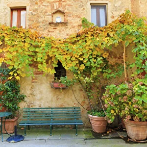 Italy, Tuscany, province of Siena, Chiusure. Hill town. Fall colors and park bench