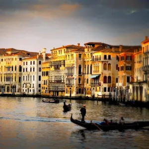 Italy, Venice. Gondolas on Grand Canal at sunset