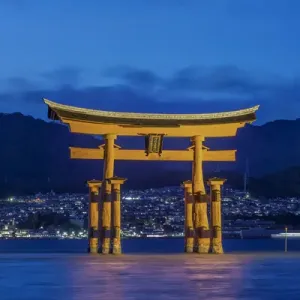 Japan, Miyajima, Itsukushima Shrine, Twilight Floating Torii Gate