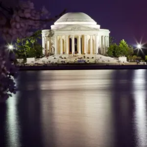 Jefferson Memorial Cherry Blossoms Statue and Tidal Basin in April with Reflection Jefferson Memorial Cherry Blossoms Statue and Tidal Basin in April with Reflection