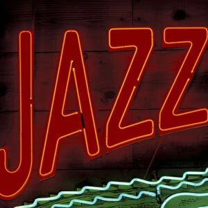 LA, New Orleans. Neon jazz sign on Bourbon St. French Quarter