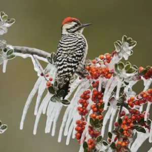 Ladder-backed Woodpecker (Picoides scalaris), adult male prched on icy branch of Yaupon Holly