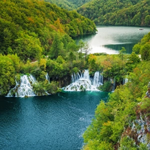 Lake Kozjak and travertine cascades on the Korana River, Plitvice Lakes National Park