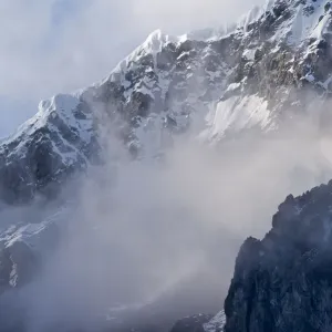 Landscape of island shrouded in mist, Antarctica