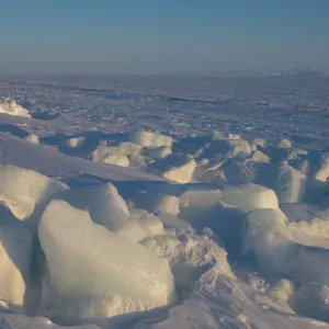 landscape of jumbled ice on the frozen Arctic ocean, off Herschel island and the