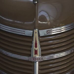 Latvia, Riga, Riga Motor Museum, hood ornament of 1960s Moskvitch car made at Soviet-era
