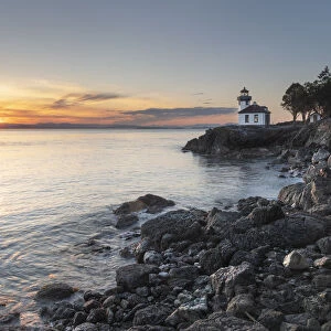 Lime Kiln Lighthouse at sunset, Lime Kiln Point State Park, San Juan Island