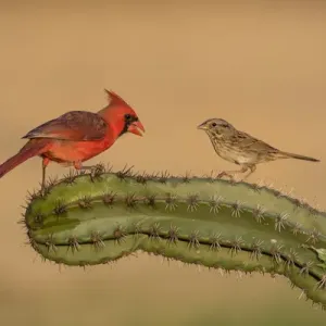 Lincoln's Sparrow Print with Northern Cardinal on Cactus