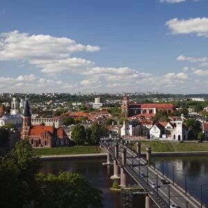 Lithuania, Central Lithuania, Kaunas, elevated view of Vytautas Church, Aleksoto tiltas bridge