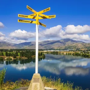 Location sign at the Bruce Jackson Lookout, Cromwell, Central Otago, South Island Location sign at the Bruce Jackson Lookout, Cromwell, Central Otago, South Island