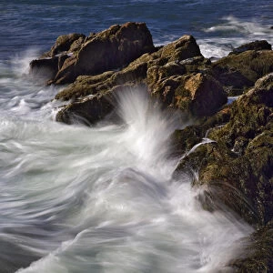 Long exposure of wave crashing against rocky coastline, Acadia National Park, Maine