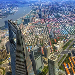 Looking Down on Black Shanghai World Financial Center Skyscraper Huangpu River Cityscape