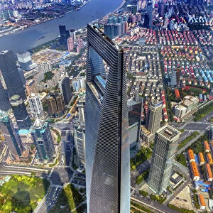 Looking Down on Black Shanghai World Financial Center Skyscraper Huangpu River Cityscape