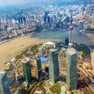 Looking Down Oriental Pearl TV Tower Pudong Bund Huangpu River Skyscrapers Cityscape Looking Down Oriental Pearl TV Tower Pudong Bund Huangpu River Skyscrapers Cityscape
