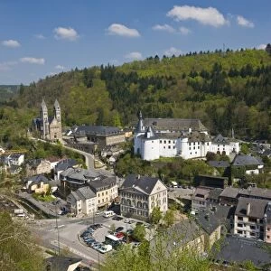 Luxembourg, Clervaux. High angle view of town and Clervaux Castle (c. 12th c), the