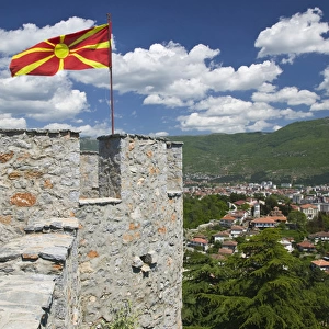 MACEDONIA, Ohrid. Car Samoils Castle Tower with Macedonian Flag