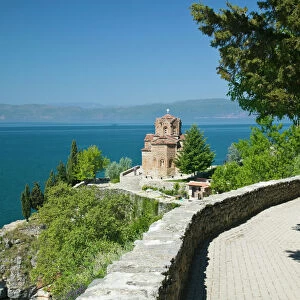 MACEDONIA, Ohrid. Sveti Jovan at Kaneo Church (13th century) and Lake Ohrid / Morning