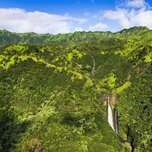 Manawaiopuna Falls (aerial) also known as Jurassic Park Falls, Hanapepe Valley, Kauai, Hawaii, USA