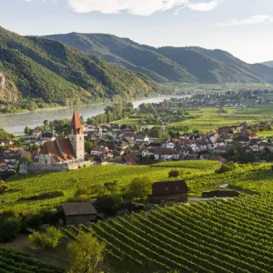 Medieval town of Weissenkirchen in the Wachau, with fortified church Mariae Himmelfahrt Medieval town of Weissenkirchen in the Wachau, with fortified church Mariae Himmelfahrt
