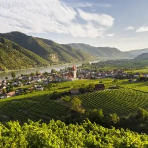 Medieval town of Weissenkirchen in the Wachau, with fortified church Mariae Himmelfahrt Medieval town of Weissenkirchen in the Wachau, with fortified church Mariae Himmelfahrt