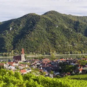 Medieval town of Weissenkirchen in the Wachau, with fortified church Mariae Himmelfahrt Medieval town of Weissenkirchen in the Wachau, with fortified church Mariae Himmelfahrt