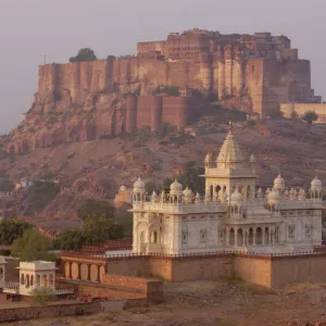 Mehrangarh Fort of Jodhpur and Jaswant Thada in the foreground. Rajasthan, INDIA