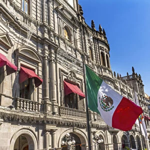 Mexican Flag Major Shopping Street Government Buildings Hotel Zocalo, Puebla, Mexico