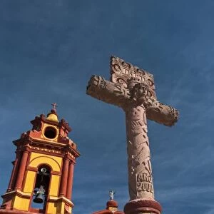 Mexico, Bernal. View of Iglesia de San Sebastian Church and cross. Credit as: Nancy