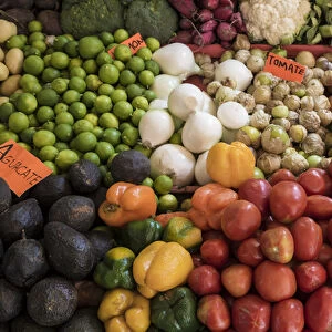 Mexico, San Miguel de Allende. Display of fruits and vegetables at market. Credit as
