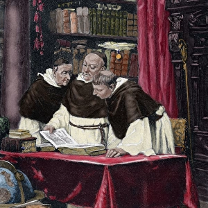 Monks reading a copy of the Gutenberg Bible. Engraving by O. Roth in The Spanish
