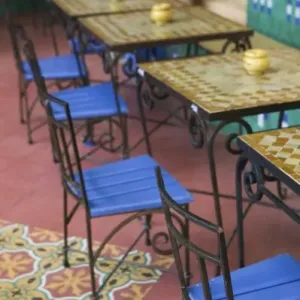 MOROCCO, Casablanca: Ancienne (old) Medina, Squala Bastion Cafe Tables / Cafe Maure MOROCCO, Casablanca: Ancienne (old) Medina, Squala Bastion Cafe Tables / Cafe Maure