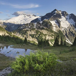 Mount Challenger and Whatcom Peak seen from Tapto Lakes Basin on Red face Peak, North