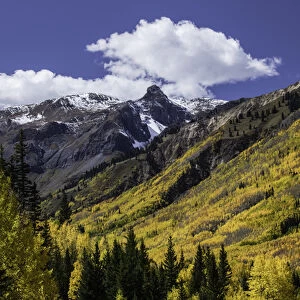 Mountain slope along Million Dollar Highway near Ouray, Colorado covered in autumn