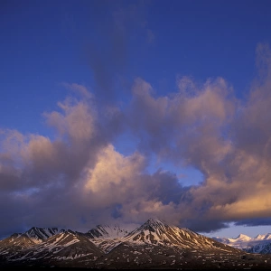 NA, USA, Alaska. Denali National Park. Midnight sun lights clouds over Alaska Range peaks