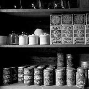 NA, USA, Montana, Nevada City Shelves stocked with canned goods in abandoned general