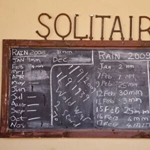 Namibia, Solitaire. A blackboard with chalk postings of the areas average monthly rainfall