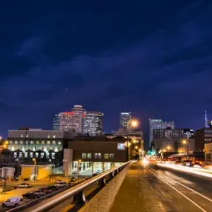 Nashville Tennessee city skyline at twilight from the west side with traffic